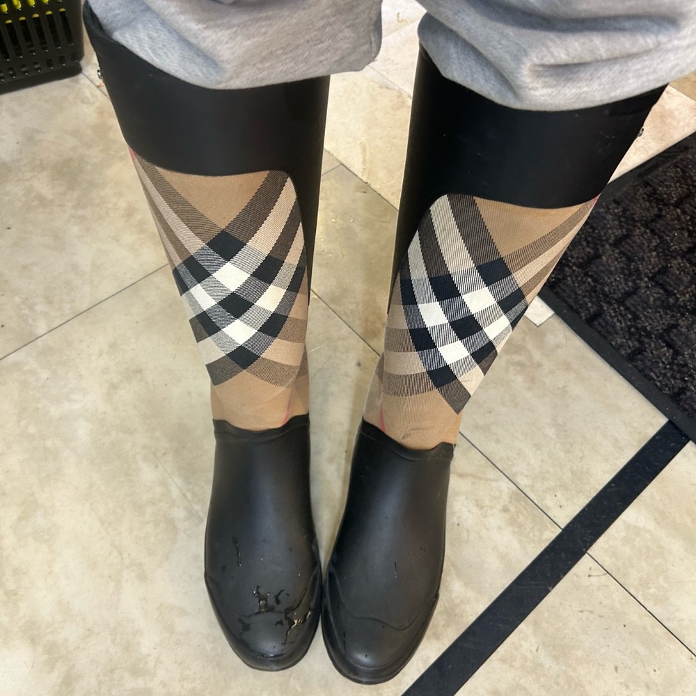 Burberry Black and Tan Rain Boots with Check Pattern